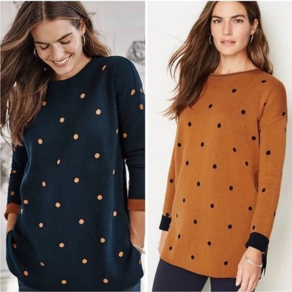 J. Jill Reversible Polka Dot Sweater Navy Tan Size XS Petite Tunic 3/4 Sleeve - Picture 1 of 7